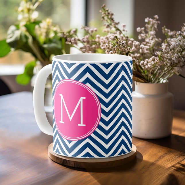 Chevron Pattern with Monogram - Navy Magenta Coffee Mug (Personalized mug template with a monogram)