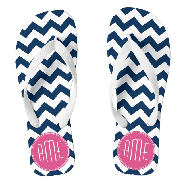 Chevron Pattern with Monogram - Navy Magenta Flip Flops (Footbed)