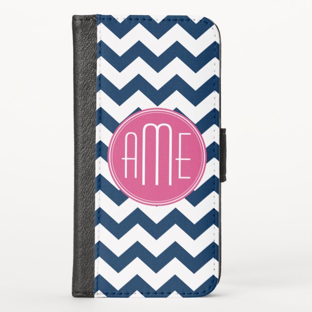 Chevron Pattern with Monogram - Navy Magenta iPhone Wallet Case (Front)