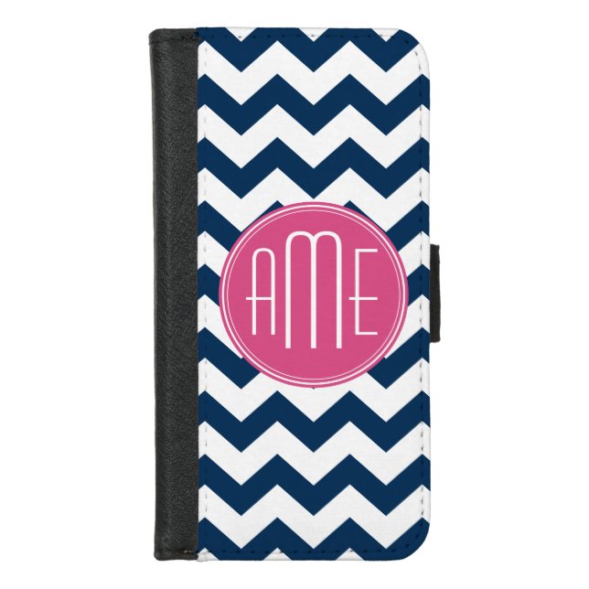 Chevron Pattern with Monogram - Navy Magenta iPhone Wallet Case (Front)
