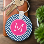 Chevron Pattern with Monogram - Navy Magenta Keychain<br><div class="desc">A popular design with an area to add your initials. Trendy colors and patterns for your phone. If you need to adjust the monograms,  click on the customize button and make changes.</div>