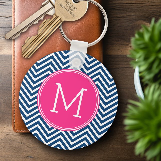 Chevron Pattern with Monogram - Navy Magenta Keychain (Personalized Keychain - Add Name or Monogram)