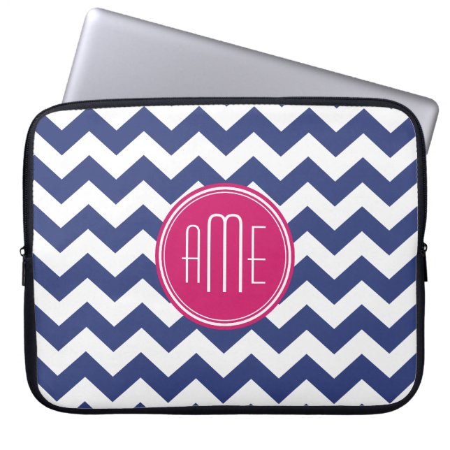 Chevron Pattern with Monogram - Navy Magenta Laptop Sleeve (Front)
