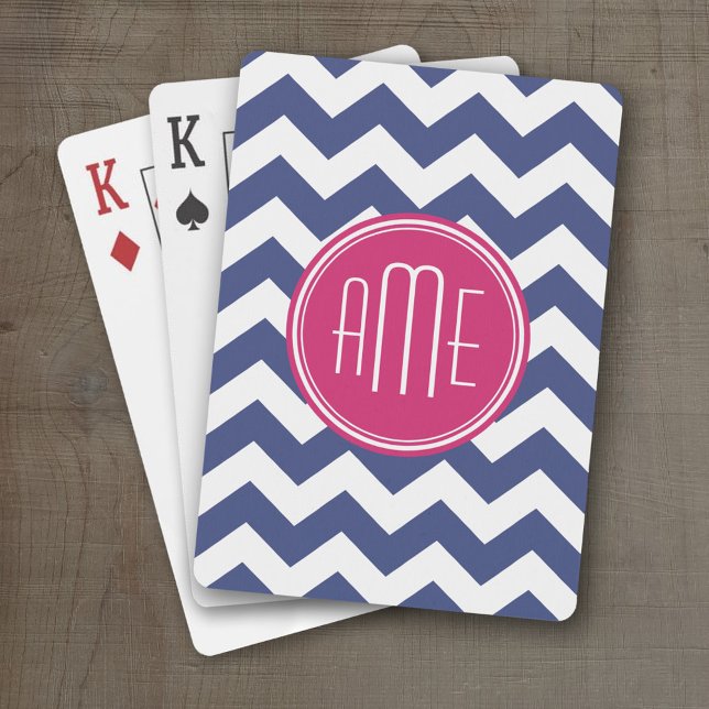 Chevron Pattern with Monogram - Navy Magenta Poker Cards (Personalized Playing Cards)