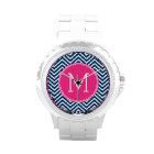 Chevron Pattern with Monogram - Navy Magenta