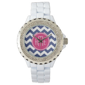 Chevron Pattern with Monogram - Navy Magenta Watches