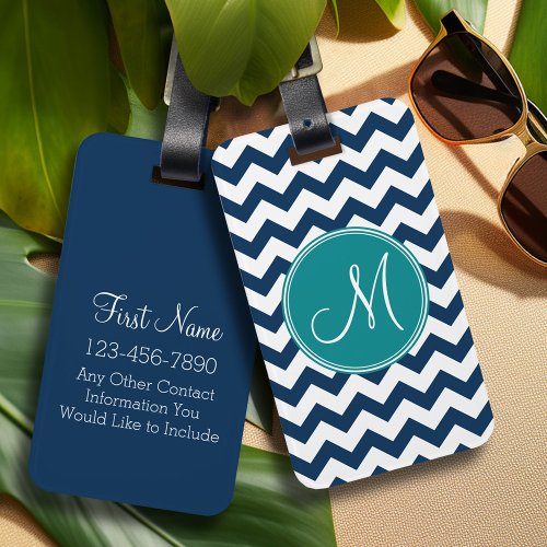 Chevron Pattern with Monogram _ Navy Teal Luggage Tag