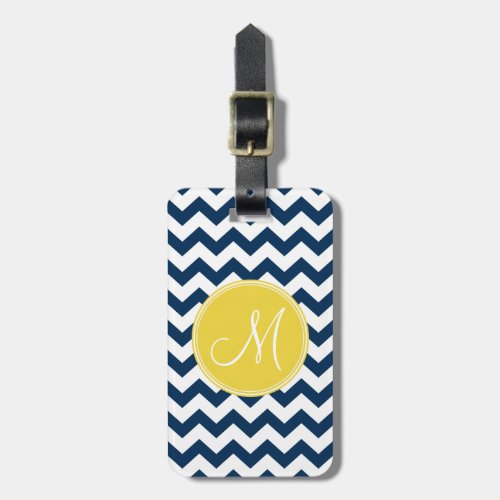 Chevron Pattern with Monogram _ Navy Yellow Luggage Tag