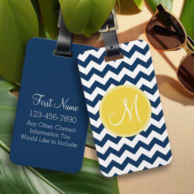 Chevron Pattern with Monogram - Navy Yellow Luggage Tag (Custom Luggage Tag)