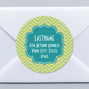 Chevron Pattern with Monogram - Teal Blue and Lime Classic Round Sticker