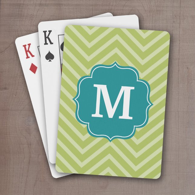 Chevron Pattern with Monogram - Teal Blue and Lime Poker Cards (Personalize this set of playing cards with a monogram and and chevron pattern)