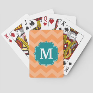 Chevron Pattern with Monogram - Teal Blue & Orange Playing Cards