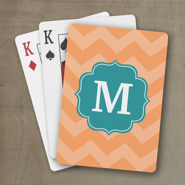 Chevron Pattern with Monogram - Teal Blue & Orange Poker Cards (Personalized playing cards with an area for text such as a name or monogram)
