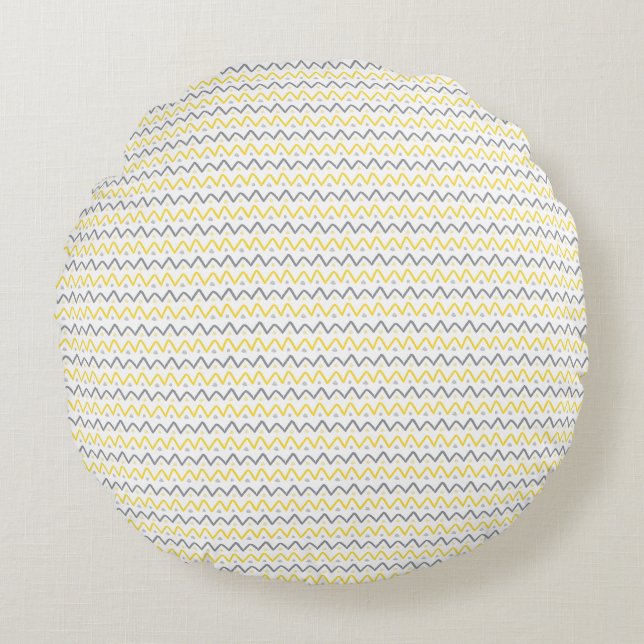 Chevron Pattern Yellow & Gray Round Pillow (Front)