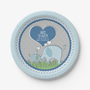 Chevron Patterned Elephant Hearts Baby Boy Shower Paper Plates
