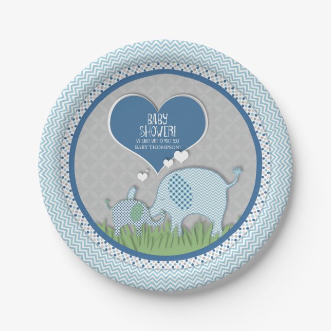 Chevron Patterned Elephant Hearts Baby Boy Shower Paper Plates (Front)