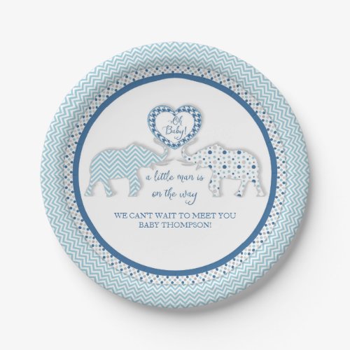 Chevron Patterned Elephants w Heart Oh Baby Boy Paper Plates