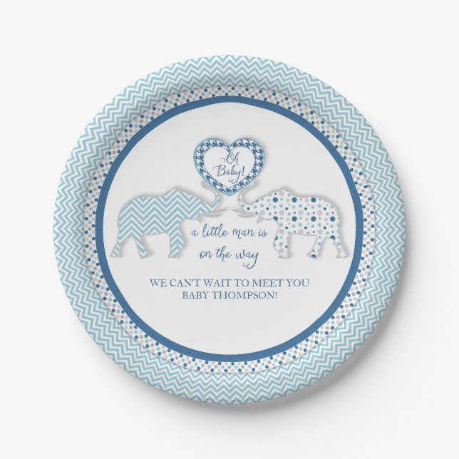 Chevron Patterned Elephants w Heart Oh Baby Boy Paper Plates (Front)