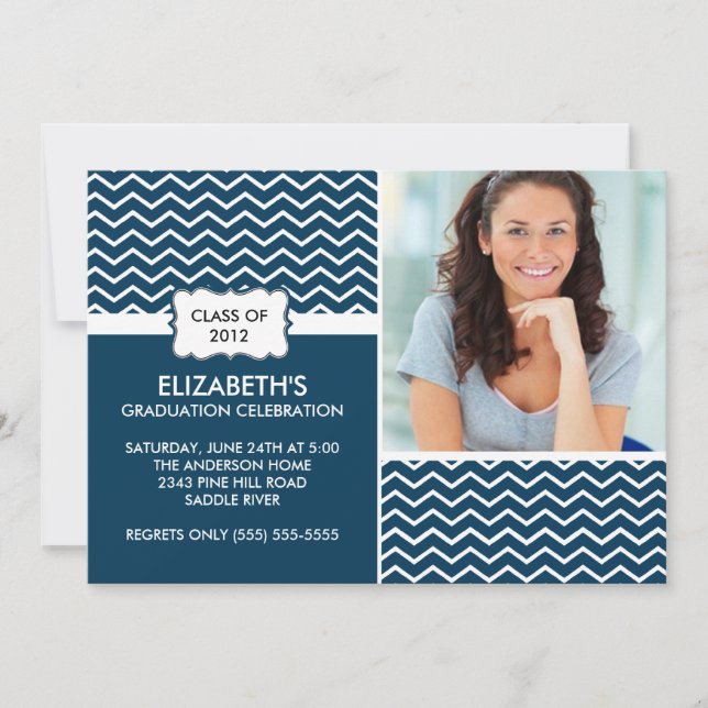 Chevron Photo Graduation Invitation - Blue & White (Front)