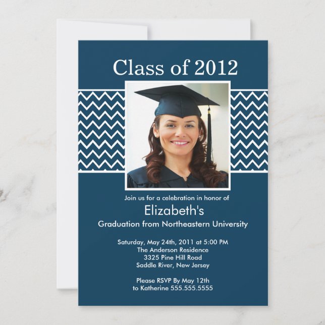 Chevron Photo Graduation Invitation - Blue & White (Front)