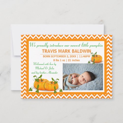 Chevron Photo Pumpkin _ 3x5 Birth Announcement