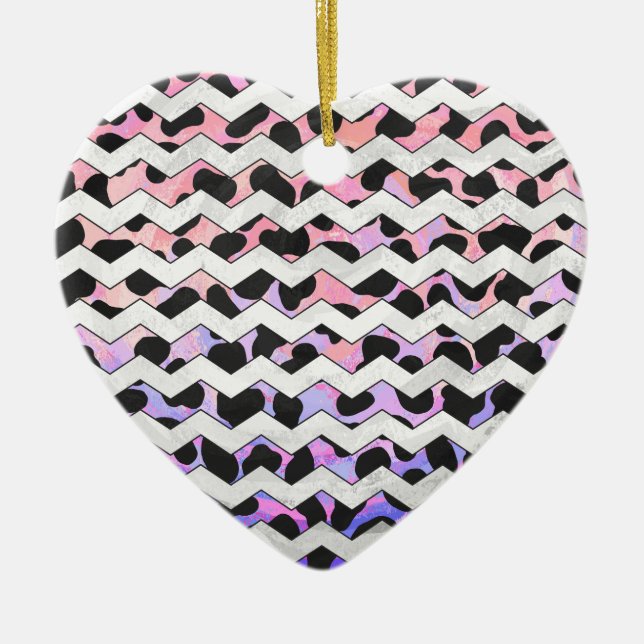 Chevron Pink and Black Dalmation Ceramic Ornament (Front)