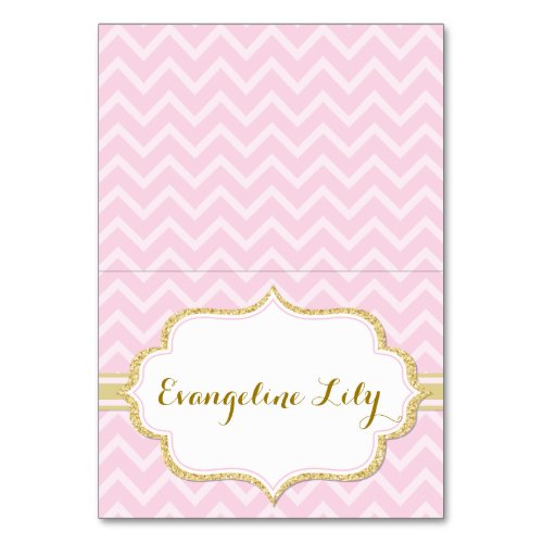 Chevron Pink and Gold Tent Table Card