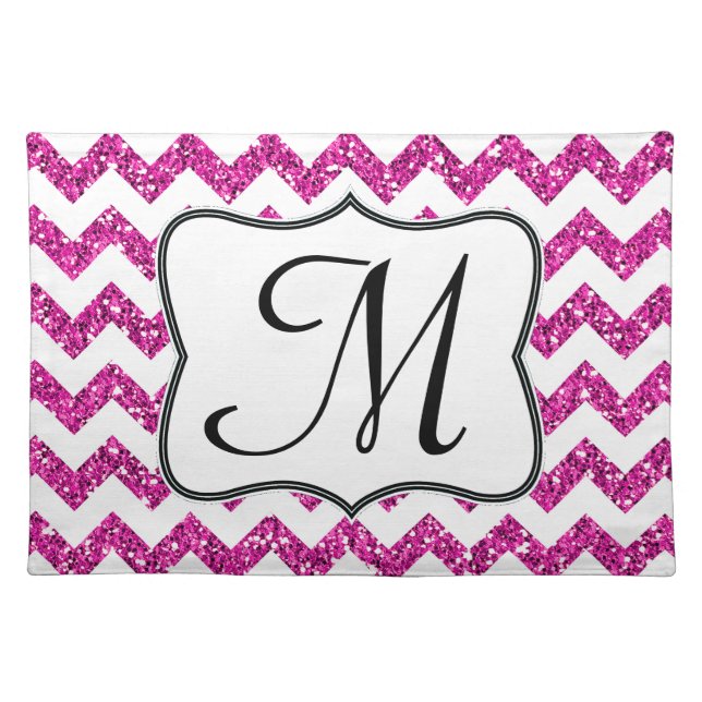 Chevron Pink Glitter Monogram Initial Place Mat (Front)