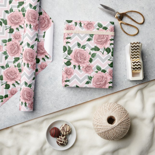 Chevron Pink Roses Wrapping Paper (Crafts)
