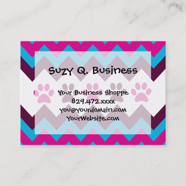 Chevron Pink Teal Puppy Paw Prints Dog Lover Gifts Business Card (Front)