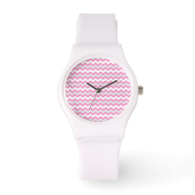 Chevron Pink White and Gray Zig Zag Pattern Watch (Front)