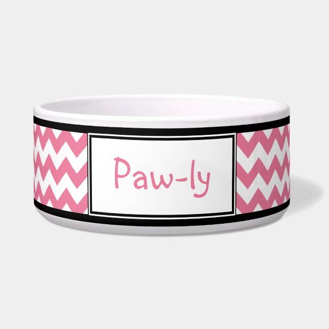 Chevron Pink & White Personalized Dog Bowl (Front)