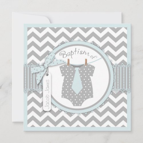 Chevron Print and Tie Baptism Invitation SQ-BLGY