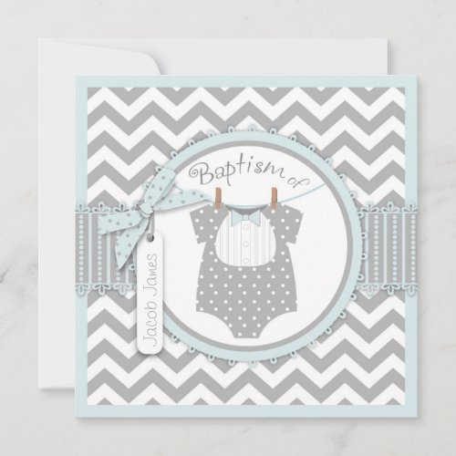 Chevron Print &amp; Bow Tie Baptism Invitation SQ-BLGY