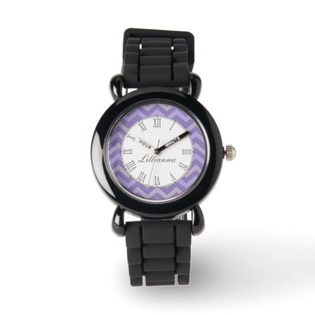 Chevron Purple And Grey Print Name Wrist Watch
