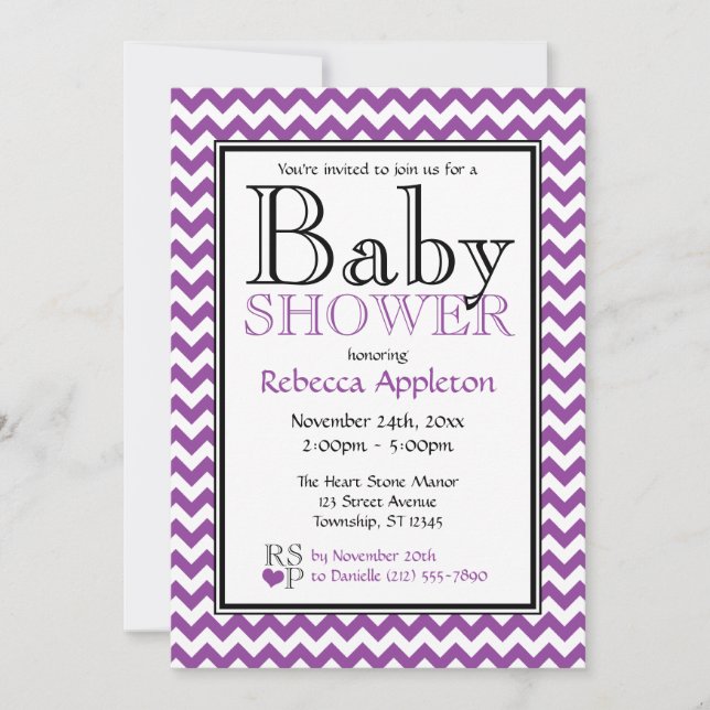 Chevron Purple & White Baby Shower Invitations (Front)