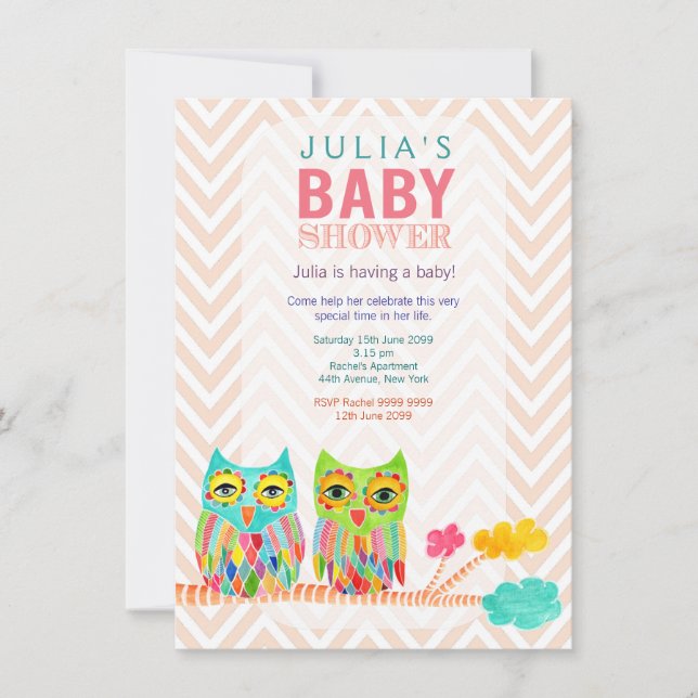 Chevron Rainbow Owls in Tree Baby Shower Invite (Front)