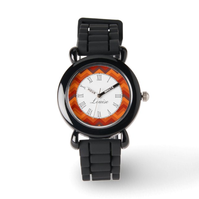 Chevron red and orange print name wrist watch (Front)