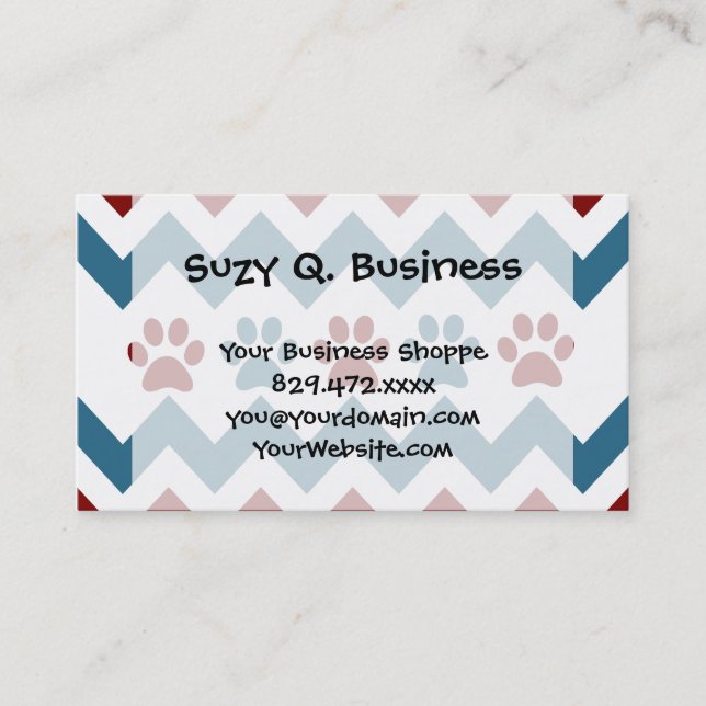 Chevron Red Blue Puppy Paw Prints Dog Lover Gifts Business Card (Front)