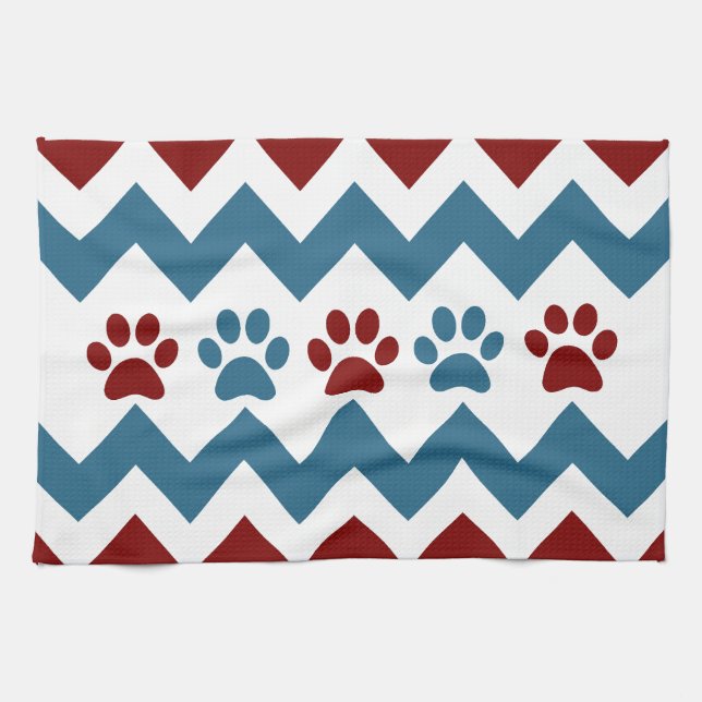 Chevron Red Blue Puppy Paw Prints Dog Lover Gifts Kitchen Towel (Horizontal)