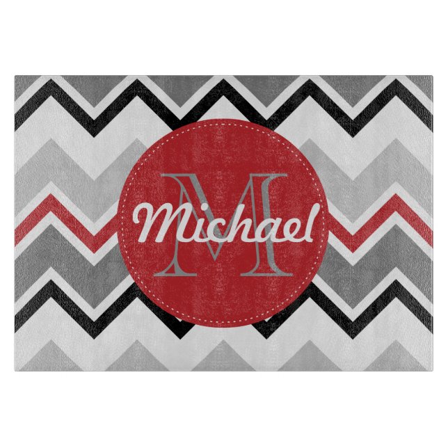 Chevron Red Grey Black Monogrammed Circle Stitches Cutting Board (Front)