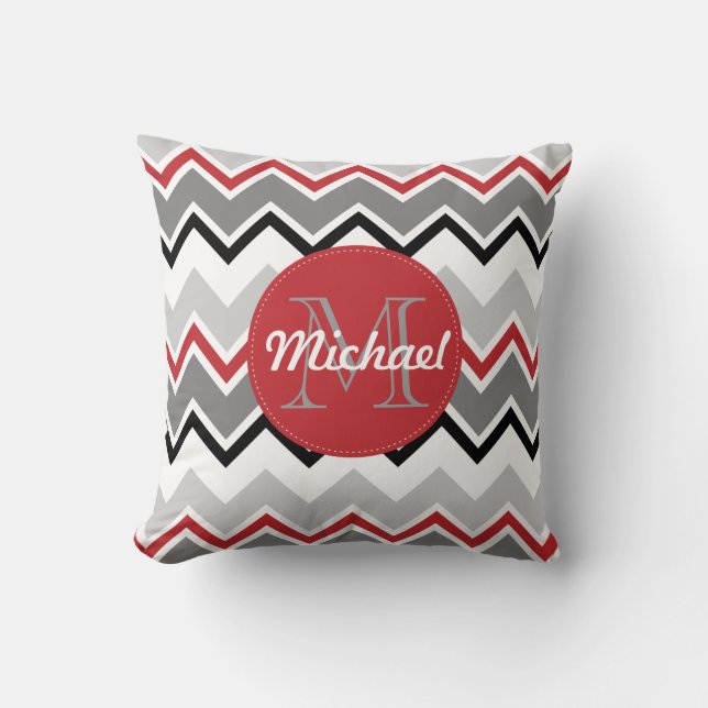 Chevron Red Grey Black Monogrammed Circle Stitches Throw Pillow (Front)