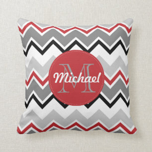 Chevron Red Grey Black Monogrammed Circle Stitches Throw Pillow