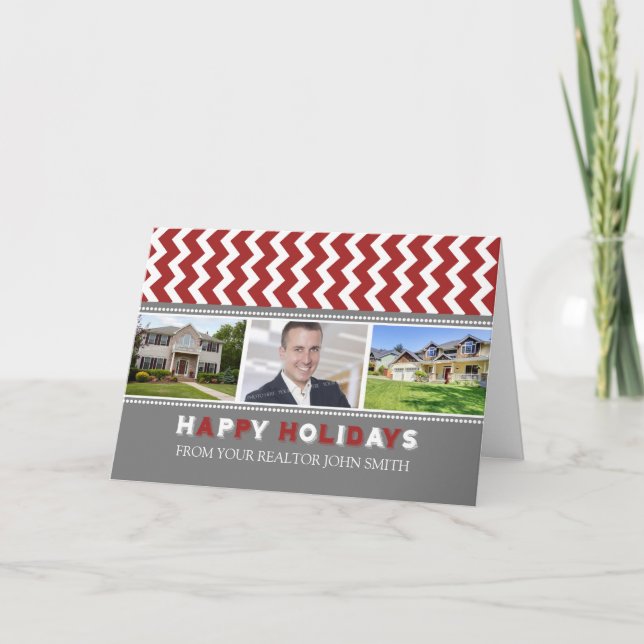 Chevron Red Realtor Happy Holidays Photo Card (Front)