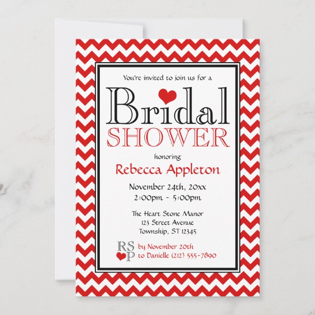 Chevron Red & White Bridal Shower Invitations (Front)