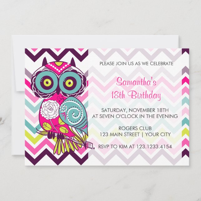 Chevron Retro Groovy Owl Birthday Party Invitation (Front)