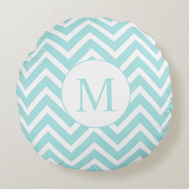Chevron Round Monogram Pillow, Seafoam & White Pillow (Front)