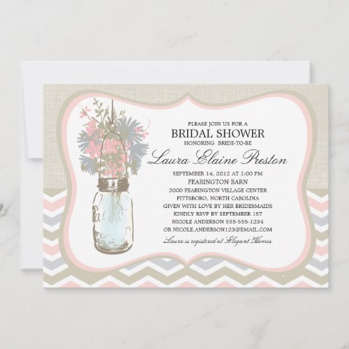 Chevron Rustic Chic Mason Jar Bridal Shower Invitation