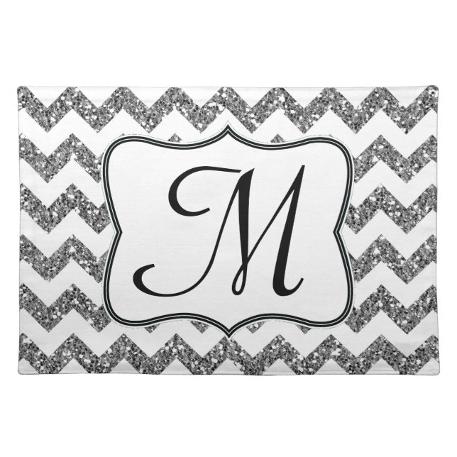 Chevron Silver Glitter Monogram Initial Place Mat (Front)