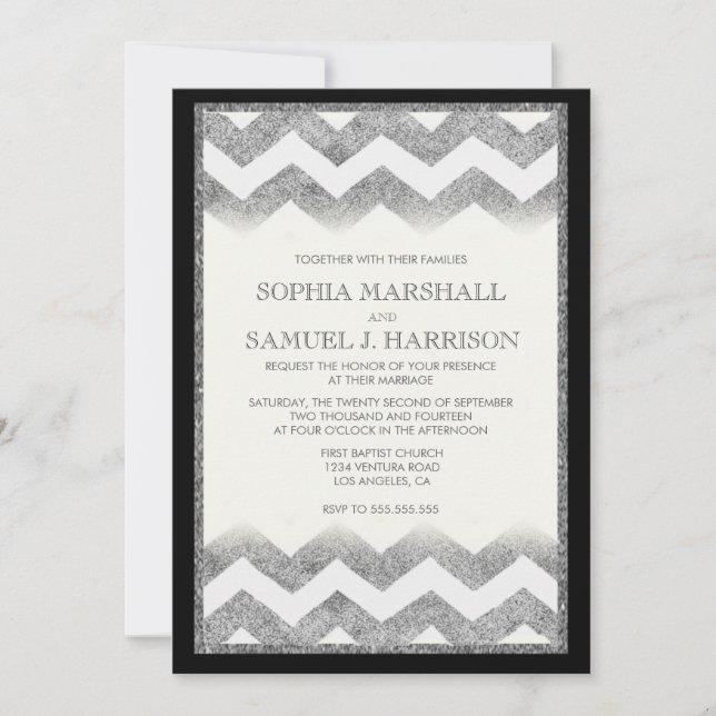 Chevron Silver Glitter Wedding Invitation (Front)